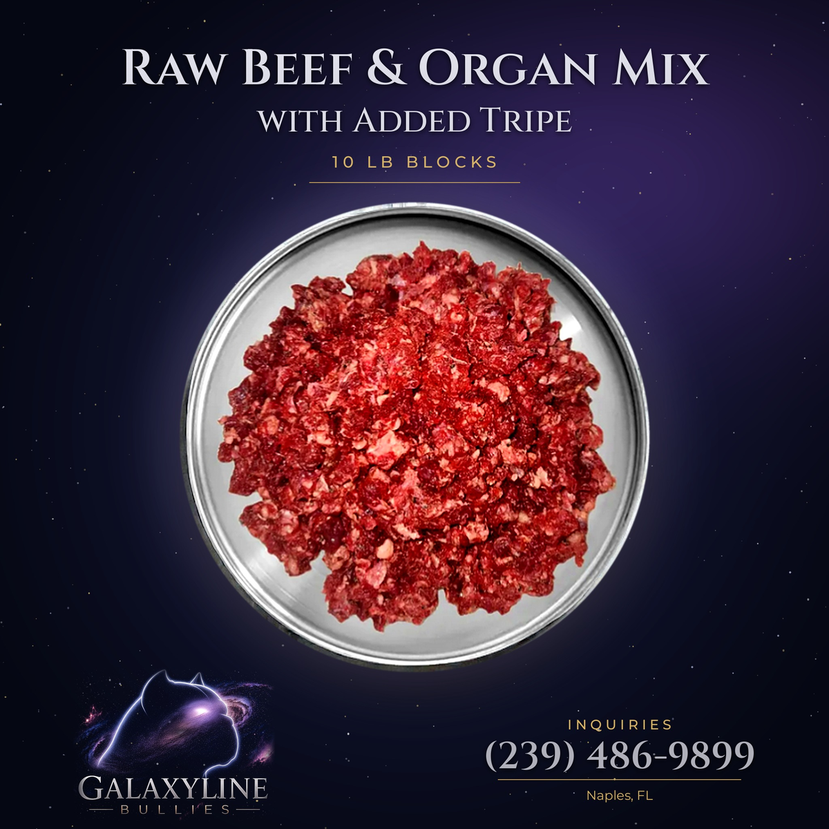 10 lb raw beef and organ mix with added green tripe for dogs, GalaxyLine Bullies